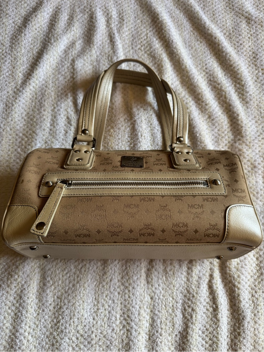 MCM Beige Monogram Satchel with Leather Trim